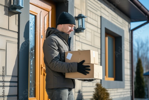 Delivery of parcels by courier. The packages are at the door of the house