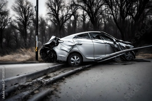 An image capturing the contrast between the untouched guardrail and the deformed car door, showcasing the impact's direction and force.