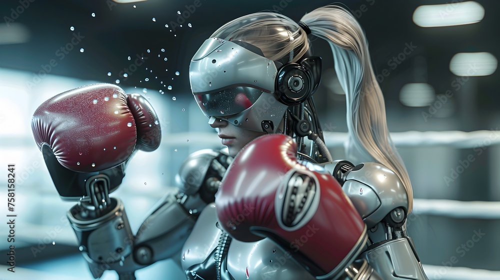 Naklejka premium Female Robot Boxer Lands a Powerful Punch in the Ring