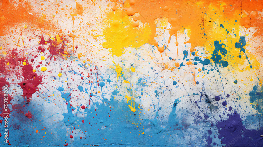 Fototapeta premium A colorful painting with splatters of paint on it. The colors are bright and vibrant, creating a lively and energetic mood. The painting seems to be a representation of creativity and freedom
