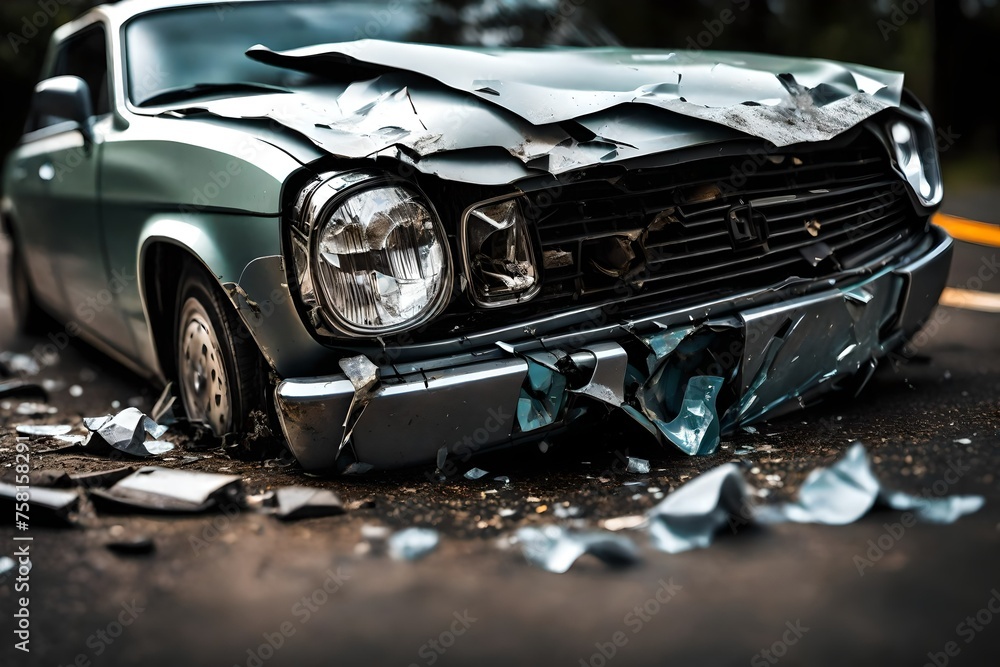 A close-up of the shattered headlight and crumpled bumper at the point of impact, with tiny glass fragments scattered around. A close-up of the shattered headlight and crumpled bumper at the point of impact, with tiny glass fragments scattered around.