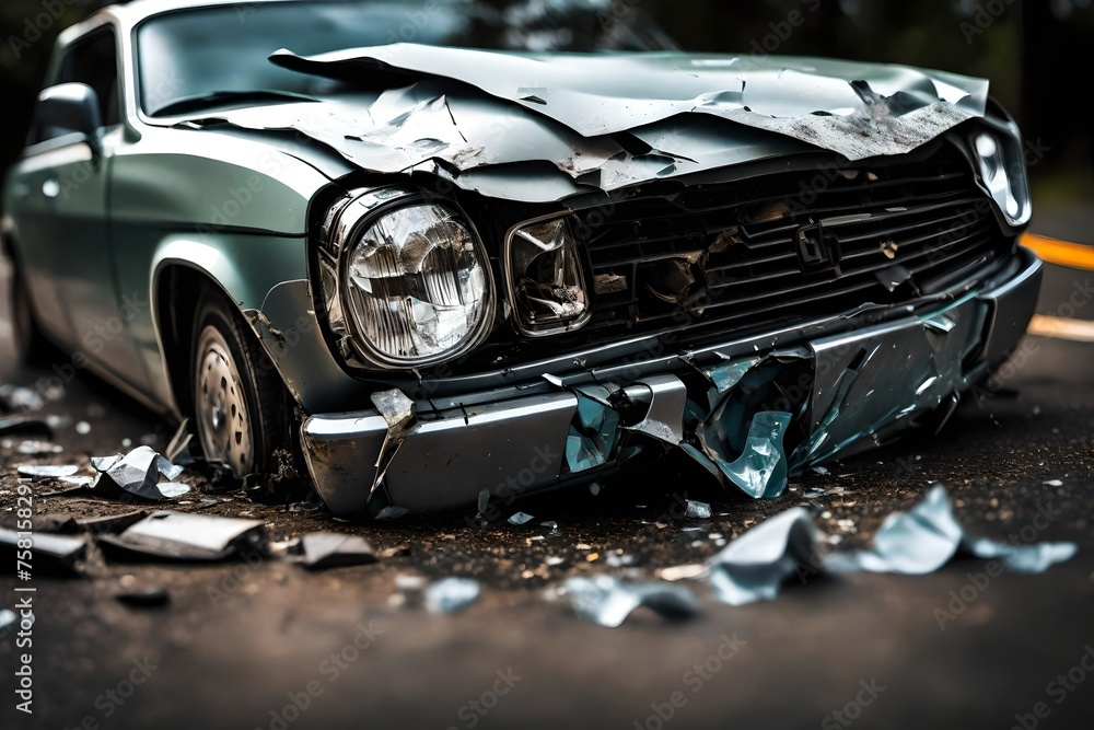 A close-up of the shattered headlight and crumpled bumper at the point of impact, with tiny glass fragments scattered around.