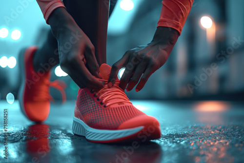 Close up of a man's hands tying the laces on running shoes. 