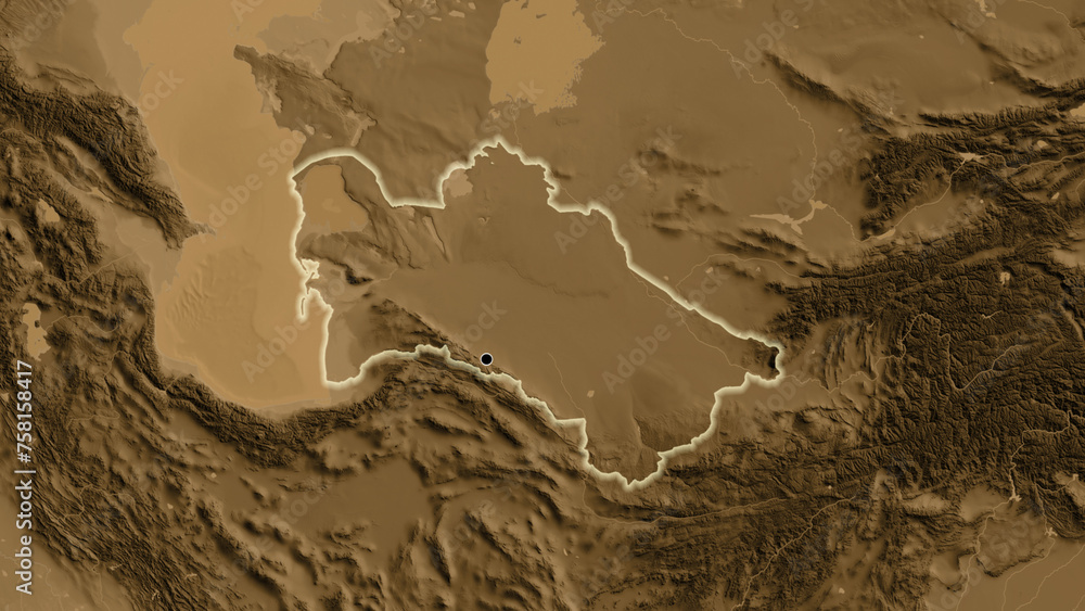 Shape of Turkmenistan. Glowed. Sepia elevation.