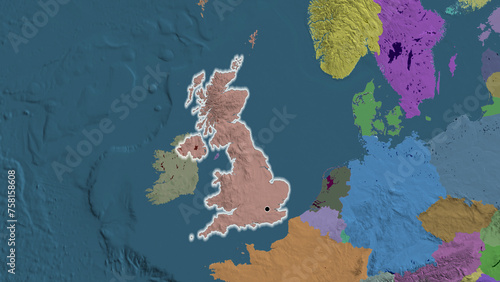 Shape of United Kingdom. Glowed. Administrative.