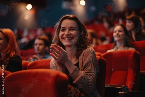 A woman at the cinema, clapping enthusiastically at the end of a great film