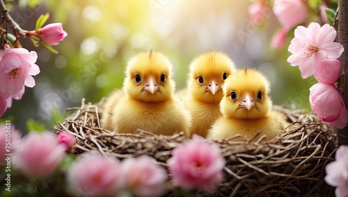 Cute fluffy yellow chicks in a spring blooming nest of twigs and flowers in nature. Spring card, spring time, children, childhood. © Ольга Симонова