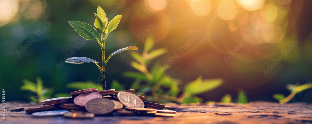 A small plant is growing on top of a pile of coins. The coins are of different sizes and colors, and the plant is surrounded by them. Concept of growth and prosperity, as the plant represents new life - obrazy, fototapety, plakaty 