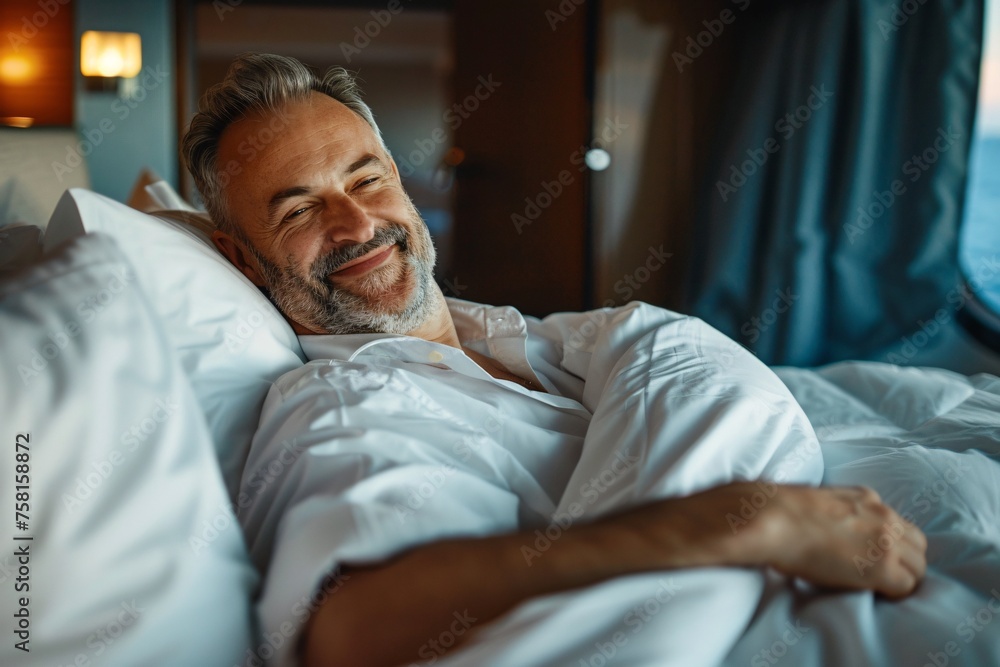 An adult man with a satisfied smile, lounging on the plush bedding of his stateroom onboard a cruise ship, the soothing rhythm of the ocean lulling him into a state of relaxation and contentment An adult man with a satisfied smile, lounging on the plush bedding of his stateroom onboard a cruise ship, the soothing rhythm of the ocean lulling him into a state of relaxation and contentment