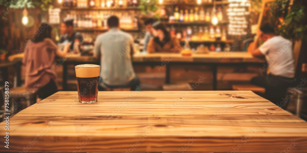 Empty wood table top with blurred background of people sitting in a coffee shop, fast food restaurant or pub for product display montage. Concept for advertising design, layout presentation.banner Empty wood table top with blurred background of people sitting in a coffee shop, fast food restaurant or pub for product display montage. Concept for advertising design, layout presentation.banner