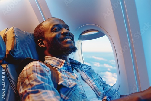 Black man with a satisfied smile, settling into his seat onboard the airplane, stowing his carry-on luggage in the overhead compartment and fastening his seatbelt photo