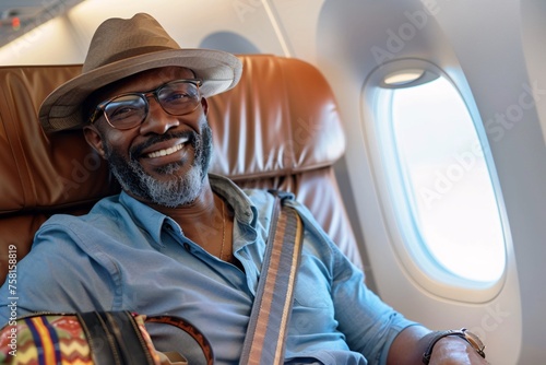 Black man with a satisfied smile, settling into his seat onboard the airplane, stowing his carry-on luggage in the overhead compartment and fastening his seatbelt photo