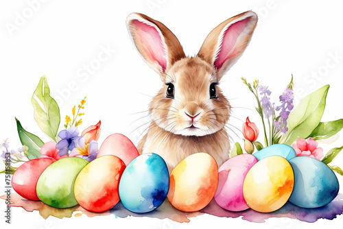A cute watercolour Easter bunny with a basket of eggs and spring flowers is an illustration of a children character on a white background  a traditional holiday card. 