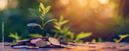 A small plant is growing on top of a pile of coins. The coins are of different sizes and colors, and the plant is surrounded by them. Concept of growth and prosperity, as the plant represents new life photo