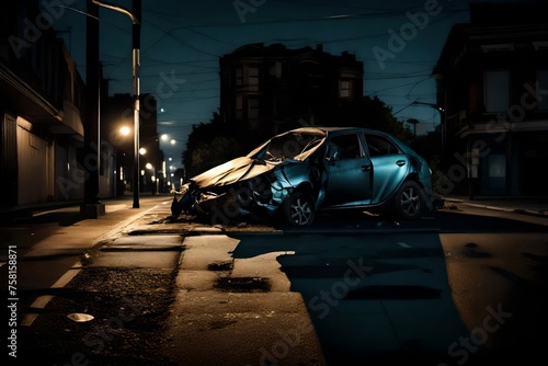 A night scene showing a car with its front end crumpled against a light pole, the headlights still on, casting eerie shadows on the road.