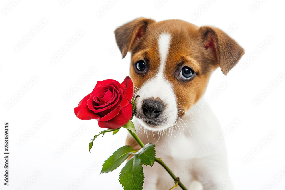 Valentine puppy, cute dog with red rose hold in his mouth as a gift for Valentine's Day, isolated on white background