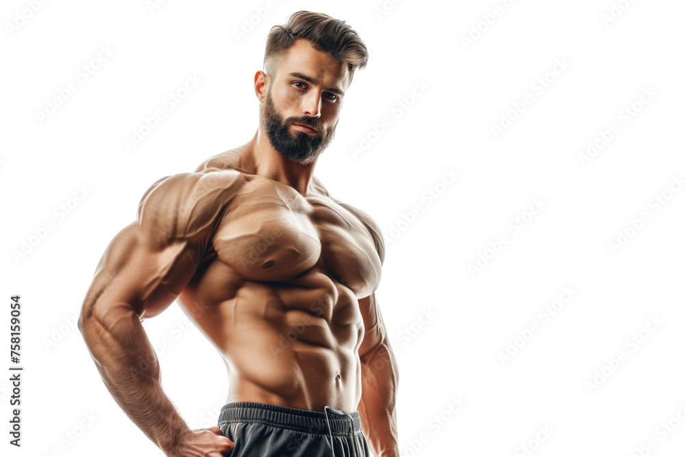 Strong muscular male posing Muscles isolated solid white background