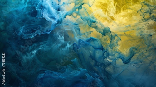 shades of blue and yellow, creating a dynamic and flowing texture reminiscent of smoke or ink dissolving in water. photo