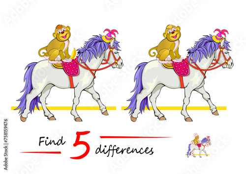 Find 5 differences. Illustration of a cute horse with monkey in circus. Logic puzzle game for children and adults. Page for kids brain teaser book. Developing counting skills. Vector cartoon drawing.