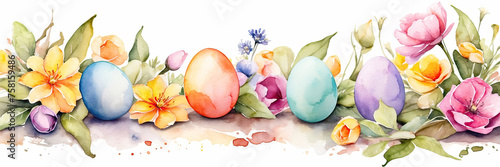 Multicolored watercolour Easter eggs on the table with spring flowers - Easter banner with a space for text. rustic Easter background. AI generated photo