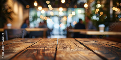 Empty wood table top with blurred background of people sitting in a coffee shop, fast food restaurant or pub for product display montage. Concept for advertising design, layout presentation.banner photo