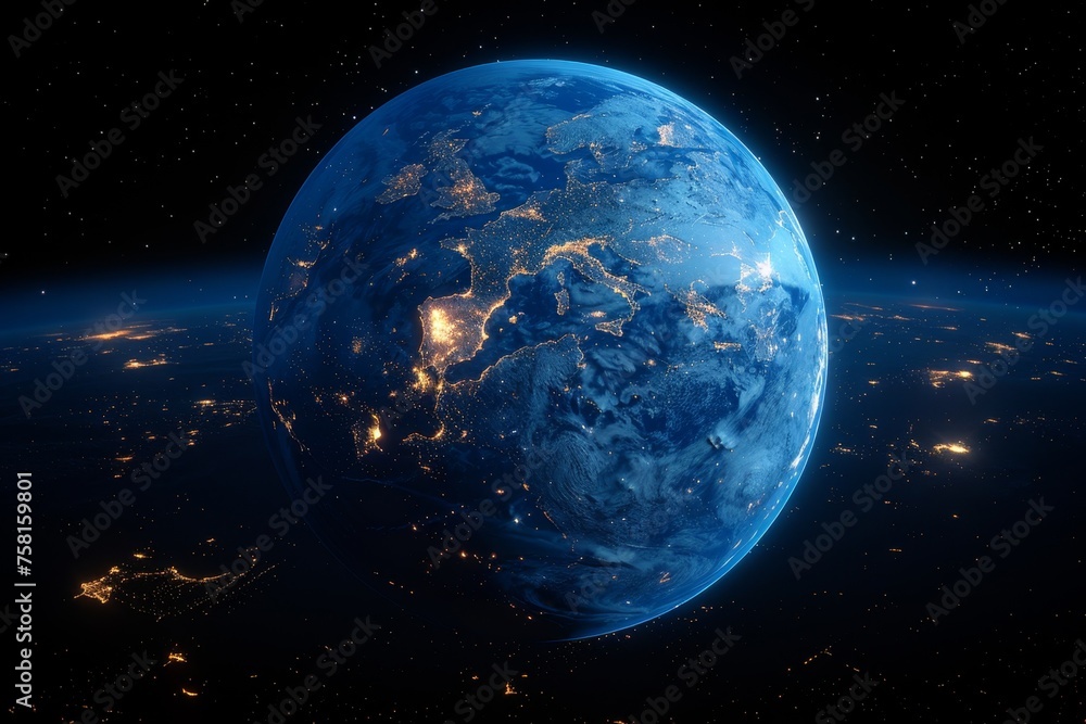 Planet Earth from outer space at night with city lights. 3d illustration
