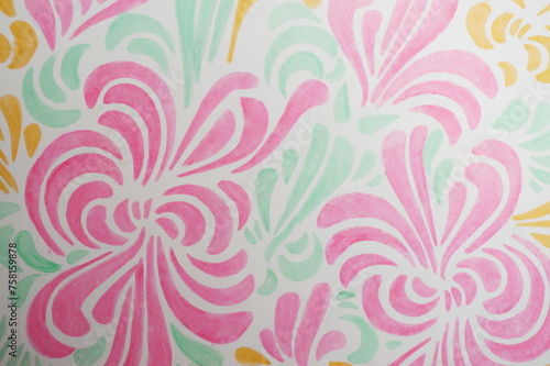 Retro 60s Era Swirling Abstract in Pink and Green on White in Watercolors