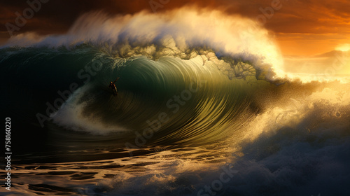 a strong surfer with a wave on the ocean at the sunset © Alla