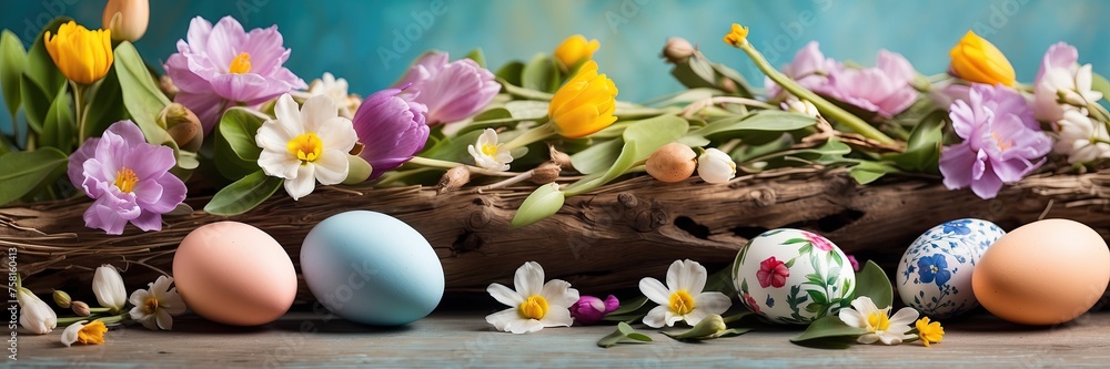 Multicolored Easter eggs on the table with spring flowers - Easter banner with a space for text. rustic Easter background.
