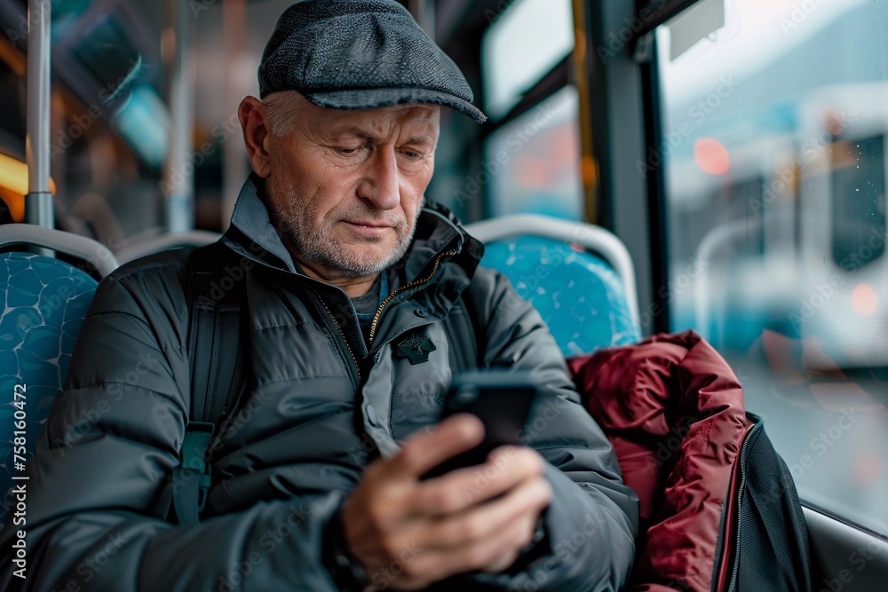 Adult man with a focused gaze, reviewing his travel itinerary or checking messages on his phone as he rides the bus to his vacation destination