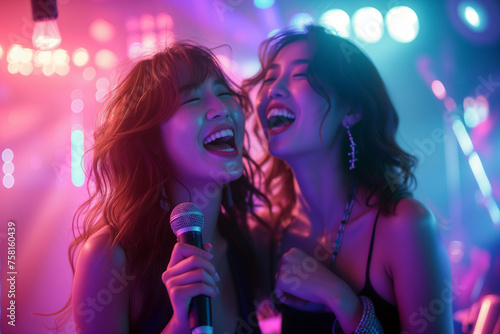 two asian women having fun with singing karaoke at nightclub