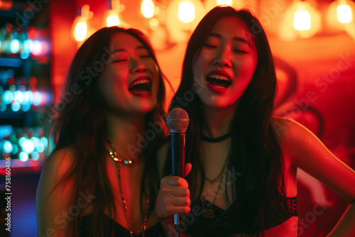 two asian women holding microphone and singing karaoke in nightclub with red lights as background