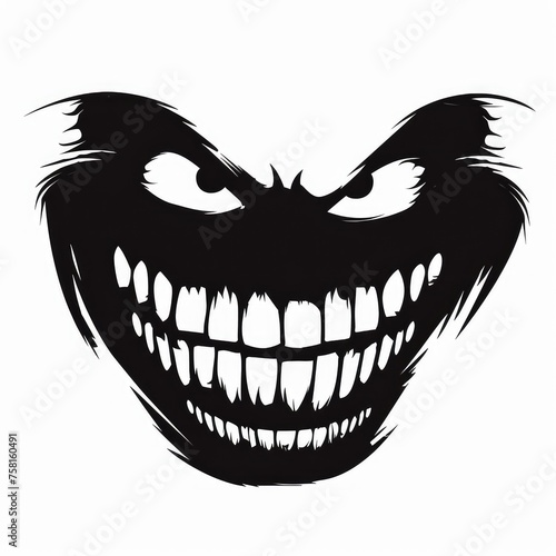 Funny black monster face isolated on white background. Vector illustration.