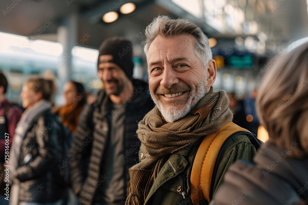 Senior man with a contented smile, standing in line at the departure gate, surrounded by fellow travelers