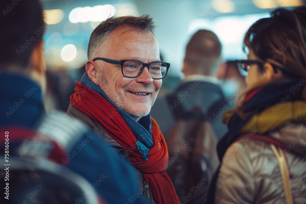 Old man with a contented smile, standing in line at the departure gate, surrounded by fellow travelers
