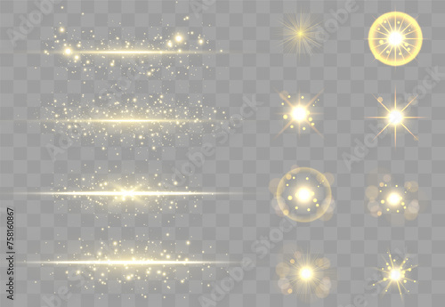 The dust sparks and golden stars shine with special light. Vector sparkles on a transparent background. Christmas light effect. Sparkling magical dust particles.