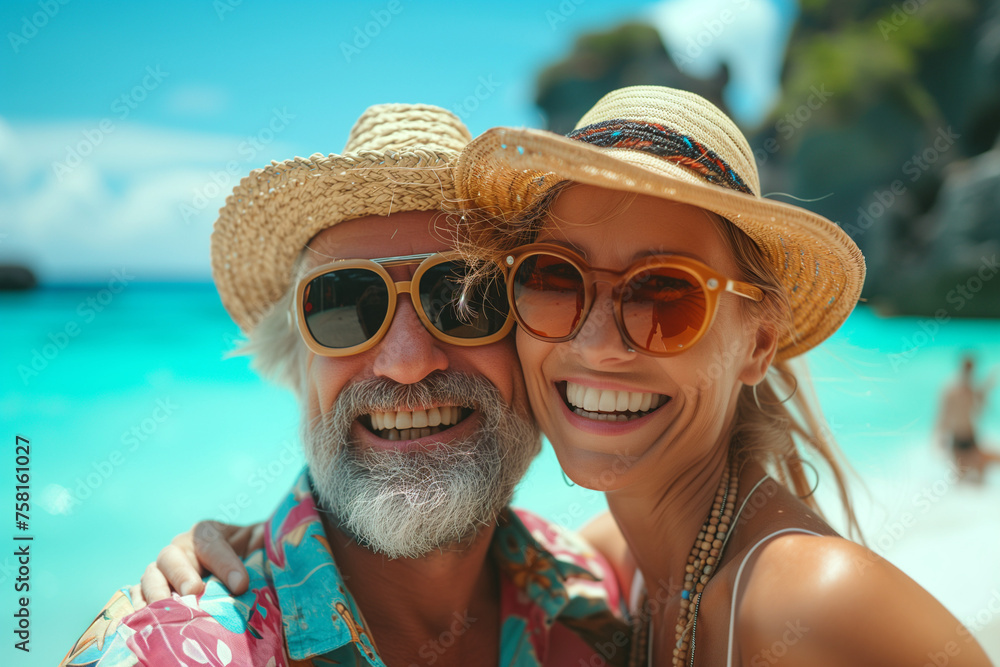 Elderly senior couple with sunglasses and straw hat smiling at beach. Old people enjoying retirement and holiday. 