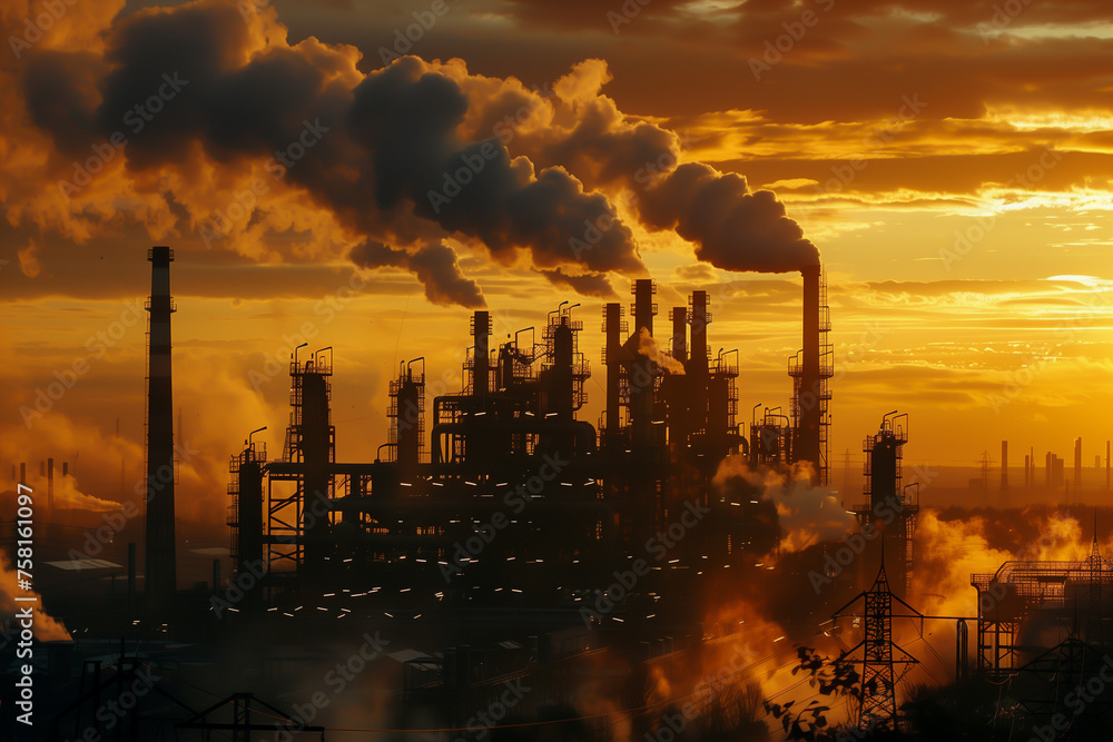 The silhouette of a massive factory against a dusky sky, air thick with pollutants.
