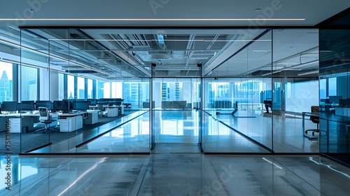 Modern Office Interior with Panoramic Windows and Blue Color Scheme