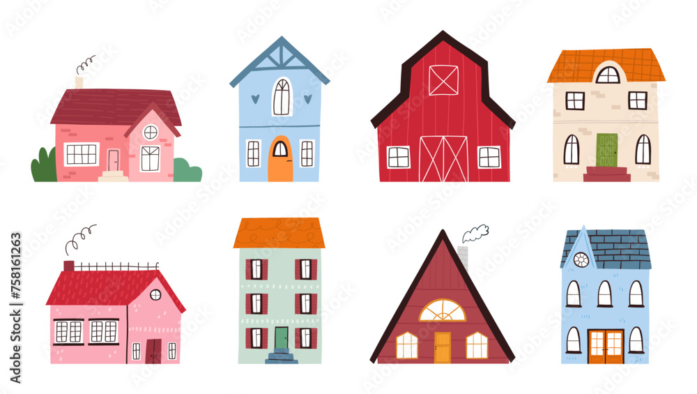 Fototapeta premium Set of cute houses, cartoon flat vector illustration isolated on white background. Colorful hand drawn buildings. City and countryside houses.