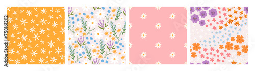 Set of floral seamless patterns, flat vector illustration. Spring backgrounds collection. Cute summer patterns for textile and fabric print. Concepts of nature, meadow and ditsy.