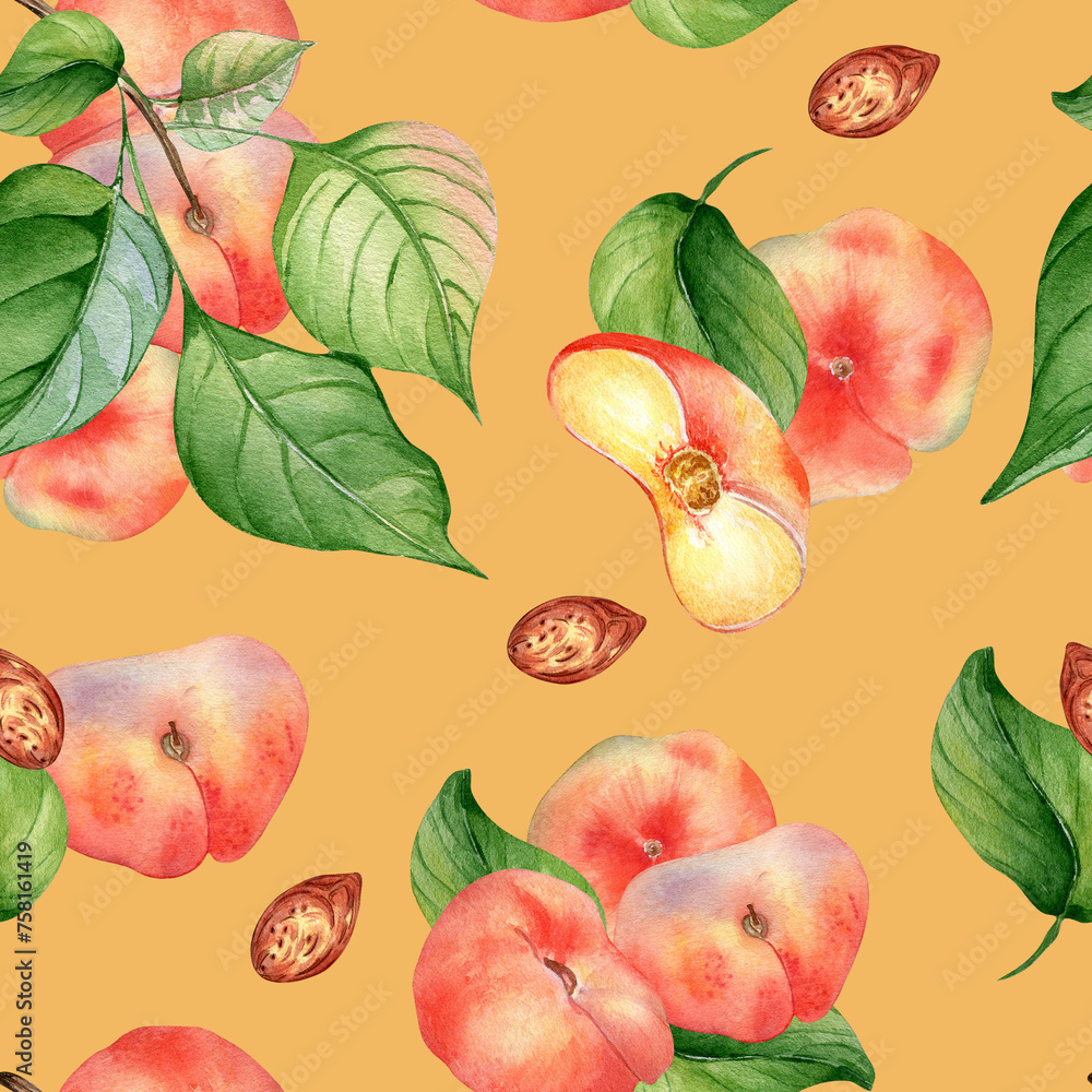 Chines fig peaches and leaves watercolor seamless pattern isolated on peach background. Whole ripe fruits painting. Flat peach on branch hand drawn. Design element for package, textile, cosmetic Chines fig peaches and leaves watercolor seamless pattern isolated on peach background. Whole ripe fruits painting. Flat peach on branch hand drawn. Design element for package, textile, cosmetic