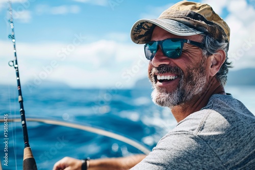 Man with a cheerful grin, embarking on an adventurous deep-sea fishing expedition at a tropical port of call