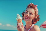 Pinup woman in swimsuit holding ice cream cone on a beach background. Vintage girl with soft-served ice-cream. Summer lifestyle concept. Design for banner, advertising, poster with copy space