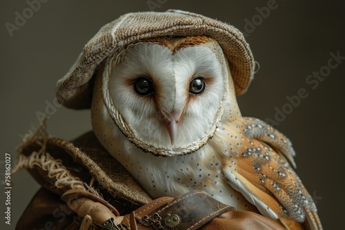 A realistic portrait of a barn owl nurse with soft feathers, wearing a vintage nurse's cap, holding a worn leather medical bag. Warm lighting, detailed textures