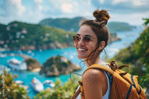 A young woman with an enthusiastic smile, taking in the breathtaking scenery of a picturesque port of call during a shore excursion on her cruise vacation photo