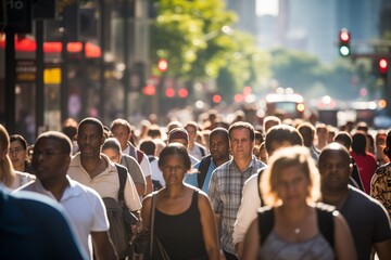 Crowd of people walking on city street