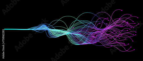 Vector abstract wavy blue and purple light lines artificial intelligence and deep learning concept of neural network. Wave equalizer, sonic, music.