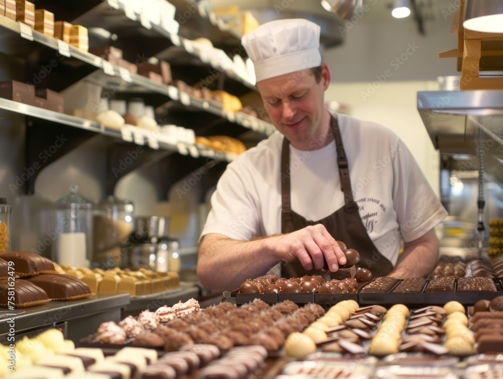 A smiling chocolatier arranges an assortment of chocolates in a display case, showcasing culinary expertise