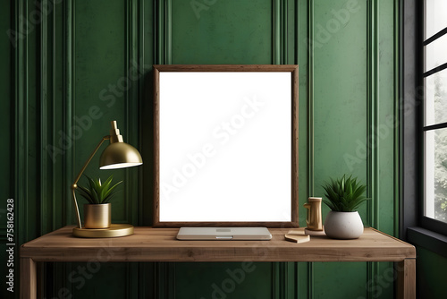 Frame mock-up in Home Office Traditional Style in Green, Mockups Design 3D, HD